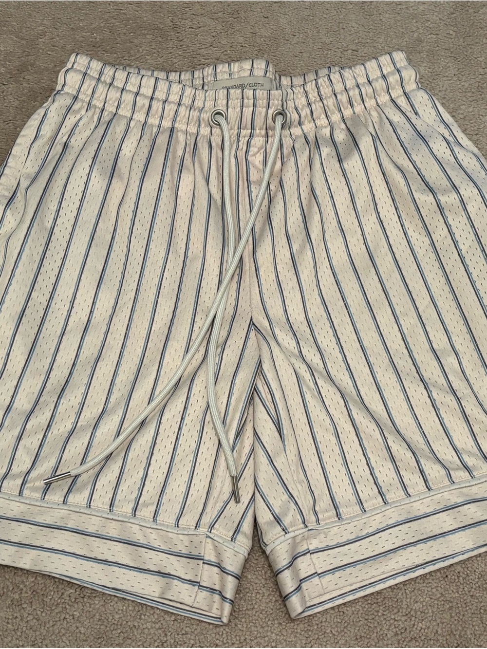 Standard Cloth Mens Small Striped Mesh Drawstring Shorts White Navy Stripes